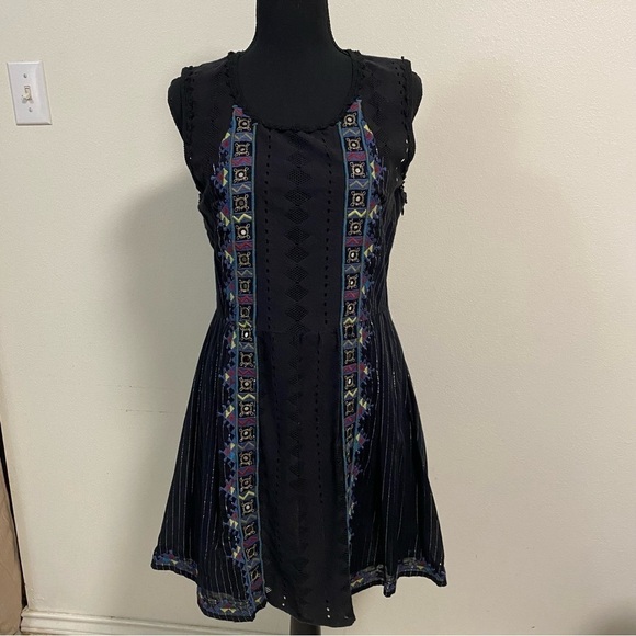 Free People Dress Women’s Size 6 Black Metallic Pinstripe Water Lily Mini Dress - Picture 1 of 16